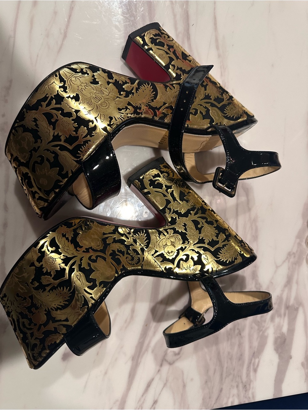 Christian Louboutin Black Patent Leather Platform Sandals with Gold Brocade - Picture 2 of 6